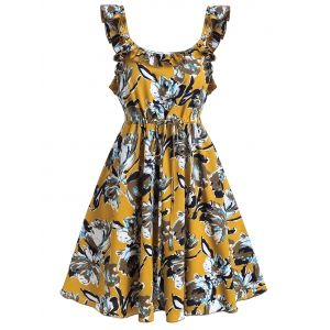 

Flower Print Ruffle Drawstring Sleeveless Dress, Goldenrod