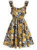 Flower Print Ruffle Drawstring Sleeveless Dress -  