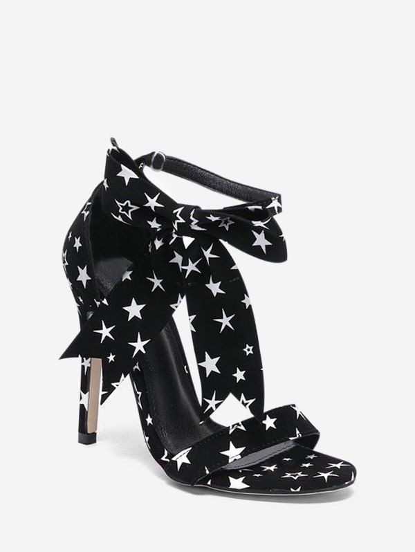 

Star Print Bowknot High Heel Sandals, Black