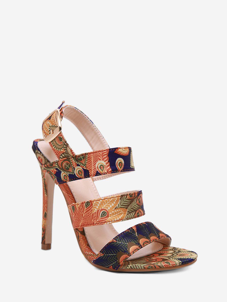 

Peacock Print Super High Heel Ankle Strap Sandals, Multi-a