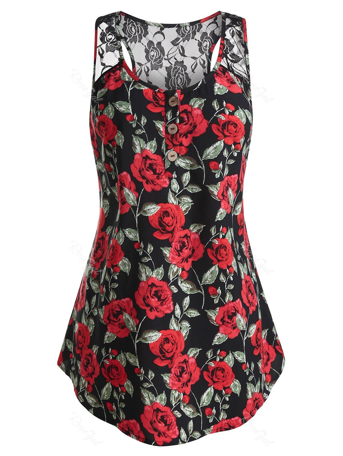 Plus Size Rose Print Lace Back Tank Top, Black