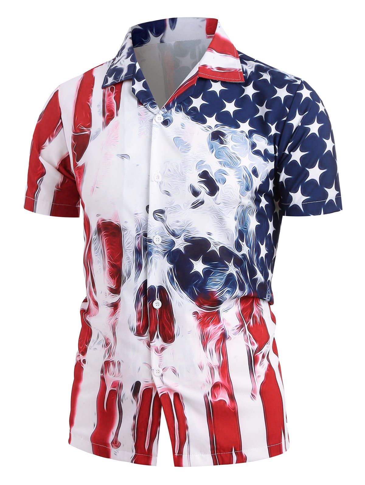 

American Flag Skull Print Short Sleeve Shirt, Red
