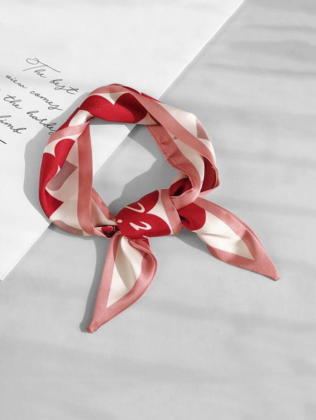 

Heart Print Satin Narrow Ribbon Scarf, Red