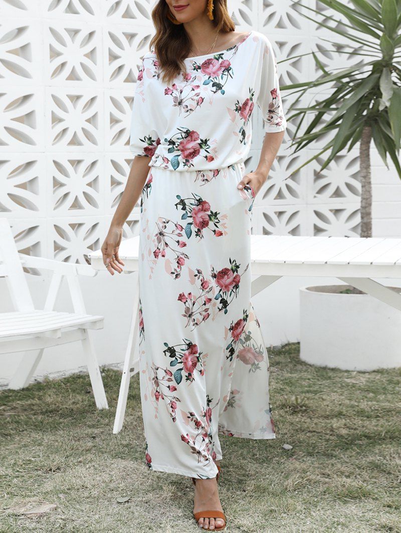 

Floral Print Slit Blouson Maxi Dress, White