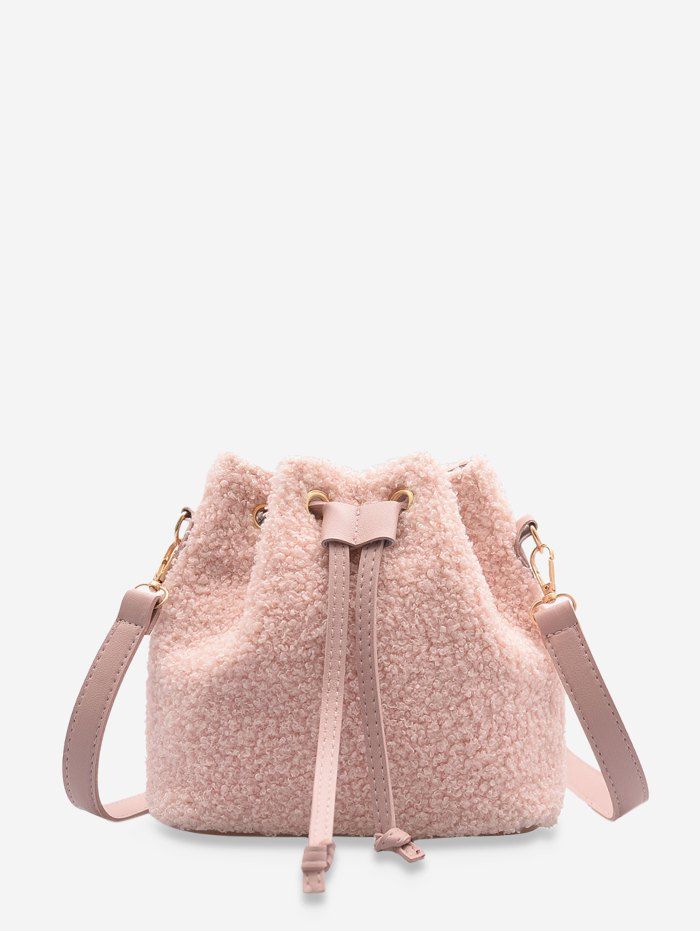 Plush Drawstring Crossbody Bucket Bag, Light pink
