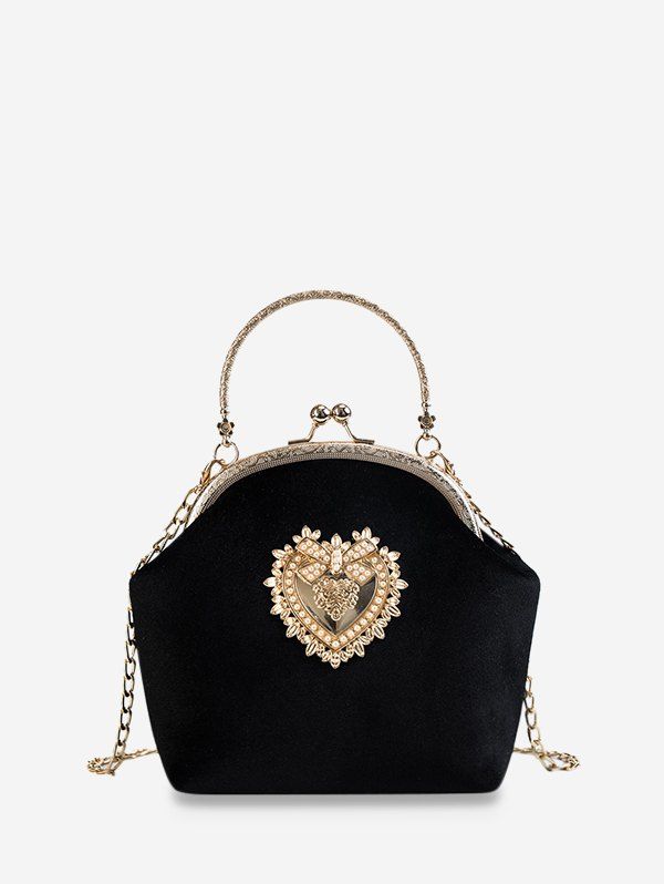 

Heart Bowknot Velour Chain Crossbody Bag, Black