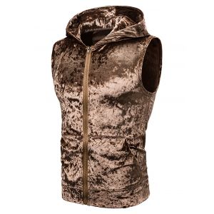 

Zip Up Front Pocket Hooded Velvet Vest, Brown