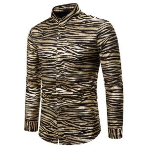 

Gilding Zebra Print Stand Collar Button Up Shirt, Gold