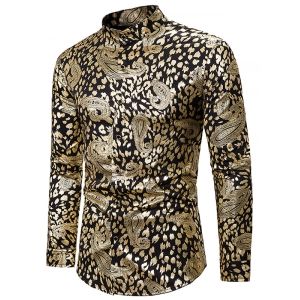 

Gilding Paisley Print Long Sleeve Stand Collar Shirt, White