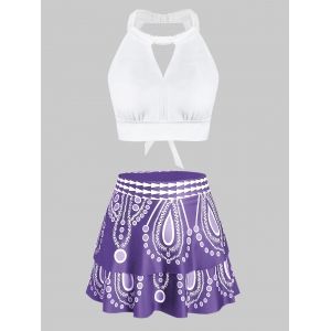 

Printed Keyhole Halter Tankini Swimsuit, Lovely purple