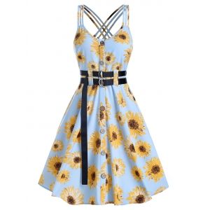 

Button Through Flower Print Strappy Belted Dress, Light sky blue