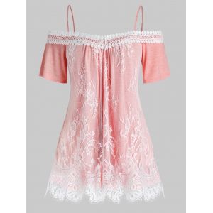 

Plus Size Lace Overlay Open Shoulder T Shirt, Deep peach