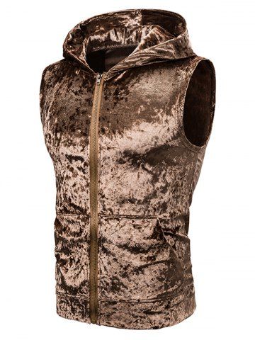 Gilet à Capuche Zippé avec Poche en Avant en Velours - BROWN - 2XL