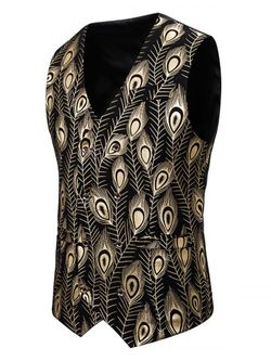 Gilding Peacock Feathers Double Breasted Casual Vest - GOLD - XL