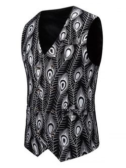 Gilding Peacock Feathers Double Breasted Casual Vest - SILVER - M