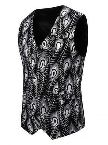 Gilding Peacock Feathers Double Breasted Casual Vest - SILVER - L