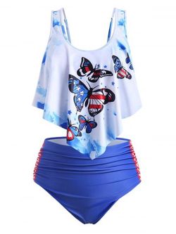 Plus Size Ruffled Butterfly Print Tummy Control Tankini Swimwear - BLUE - 5X