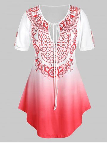 Plus Size Roll Tab Sleeve Ombre Printed Tie Curved Tunic Tee - WATERMELON PINK - 1X