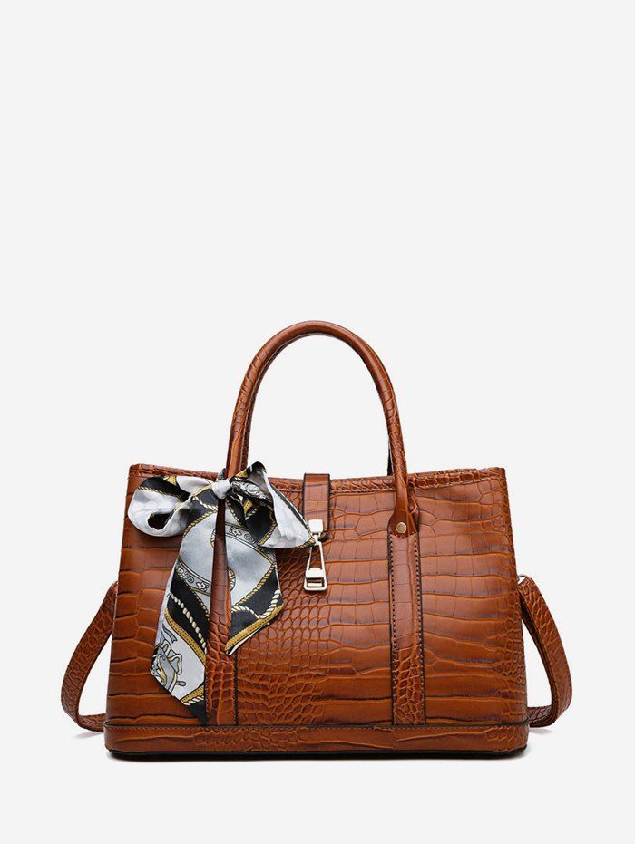 

Silk Scarf Decor Animal Embossed Tote Bag, Brown