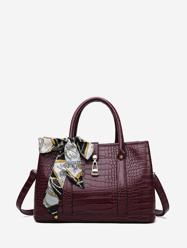 

Silk Scarf Decor Animal Embossed Tote Bag, Red wine