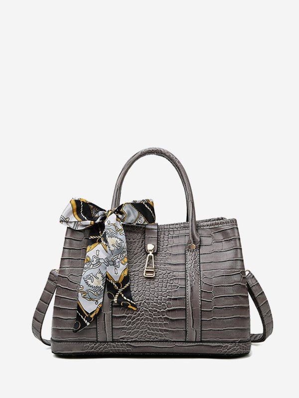 

Silk Scarf Decor Animal Embossed Tote Bag, Gray