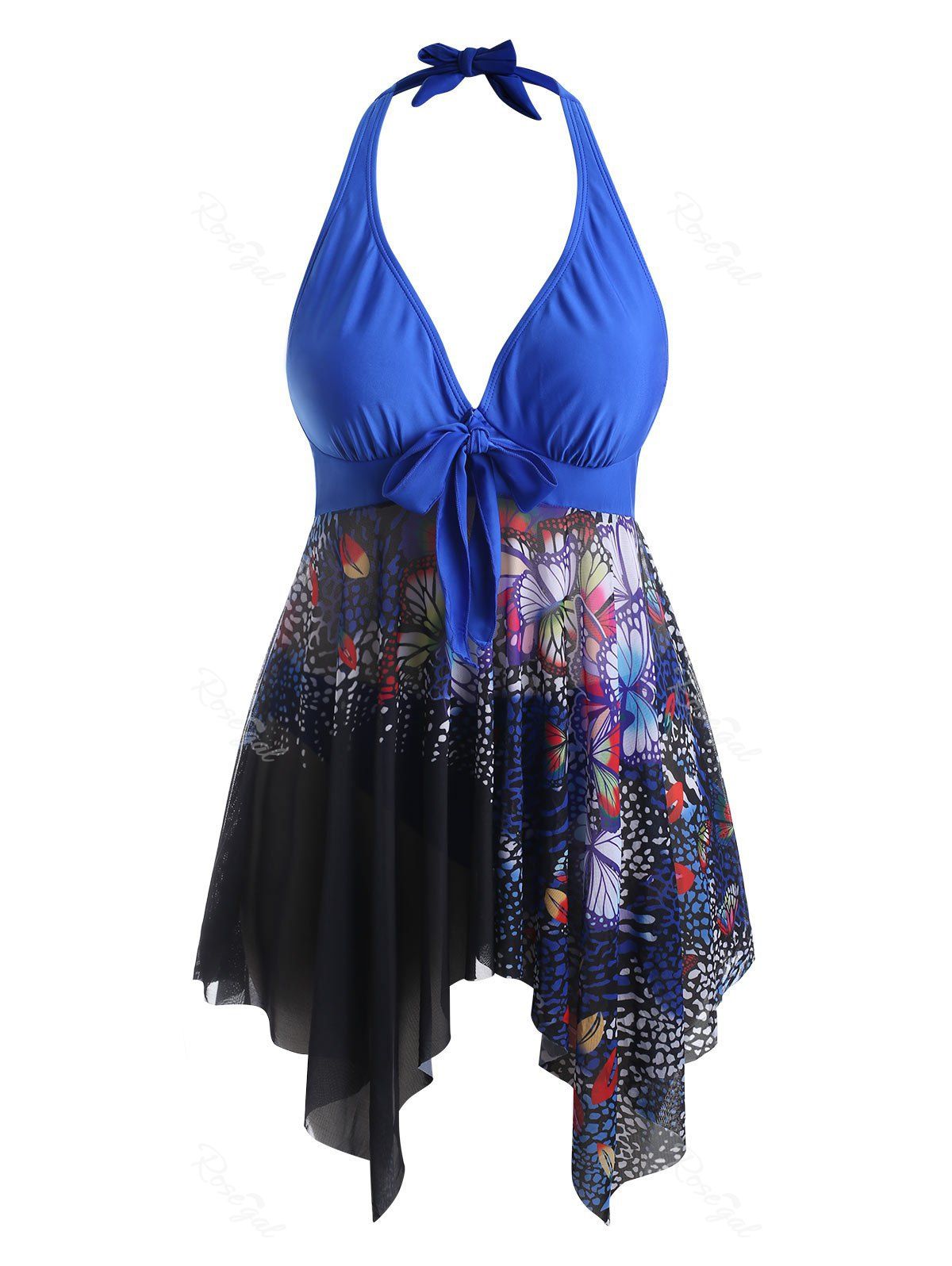 

Knotted Handkerchief Butterfly Plus Size Tankini Swimwear, Blue