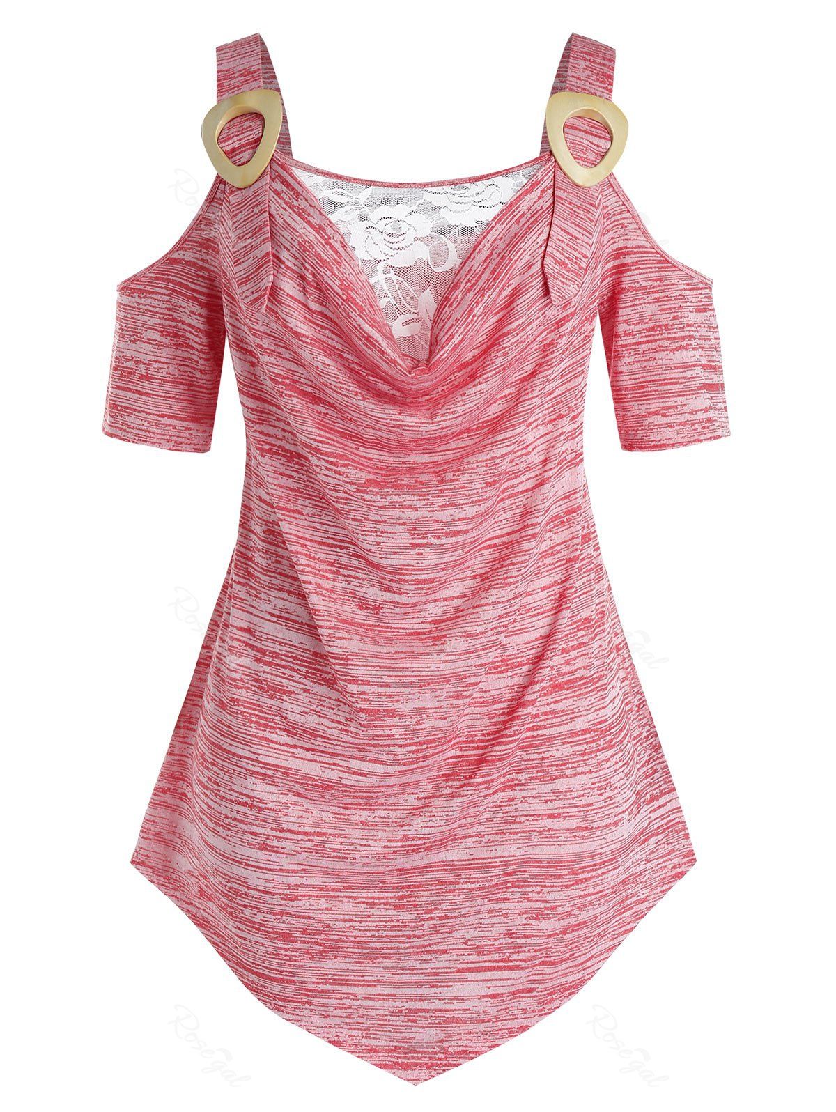 

Plus Size Space Dye Lace Panel Cold Shoulder Draped Tunic Tee, Flamingo pink