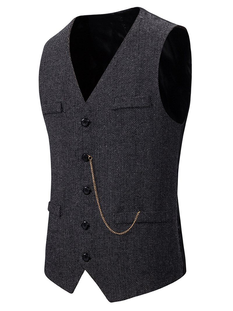 

Metal Chain Herringbone Button Up Tweed Vest, Black