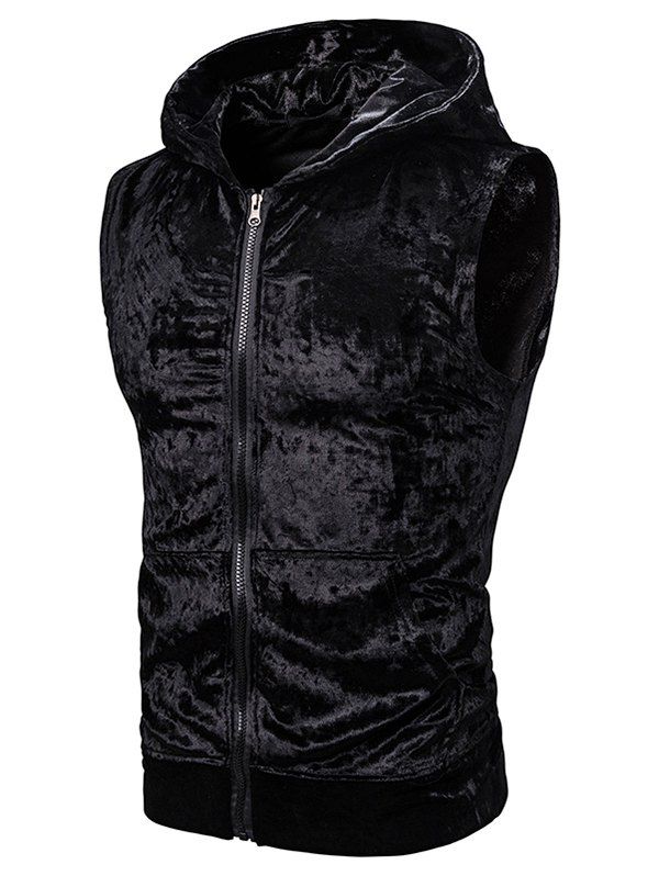 

Zip Up Front Pocket Hooded Velvet Vest, Black