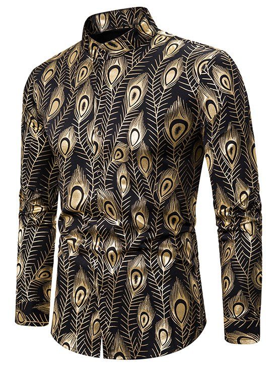 

Gilding Peacock Feathers Stand Collar Button Up Shirt, Gold