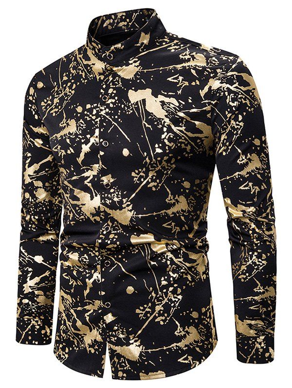 

Gilding Splatter Paint Stand Collar Button Up Shirt, Gold