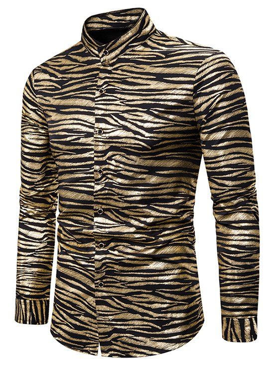 

Gilding Zebra Print Stand Collar Button Up Shirt, Gold
