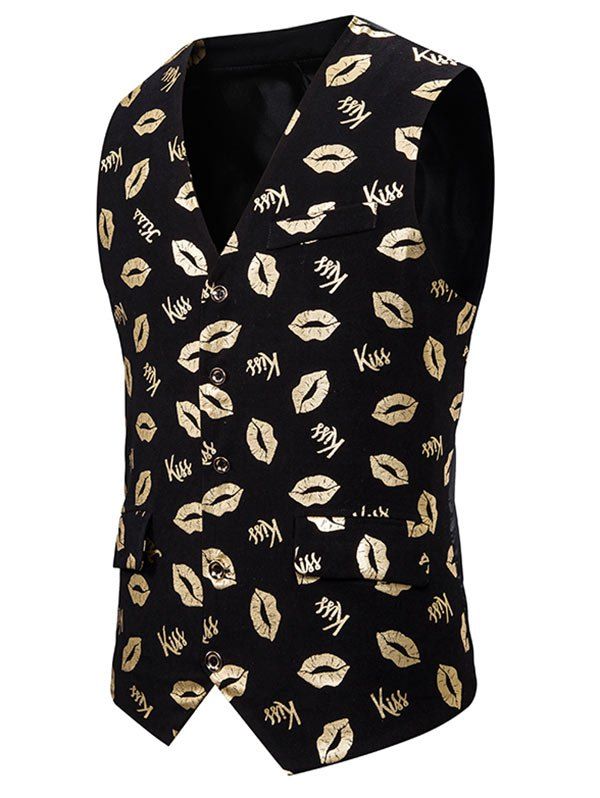 Affordable Gliding Kiss Lip Pattern Button Up Casual Vest  