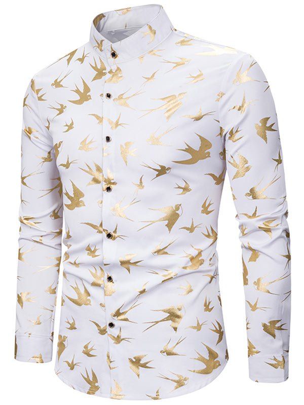 

Gilding Swallow Pattern Stand Collar Long Sleeve Shirt, White