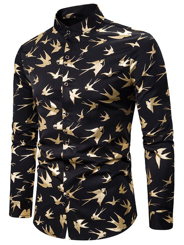 

Gilding Swallow Pattern Stand Collar Long Sleeve Shirt, Gold