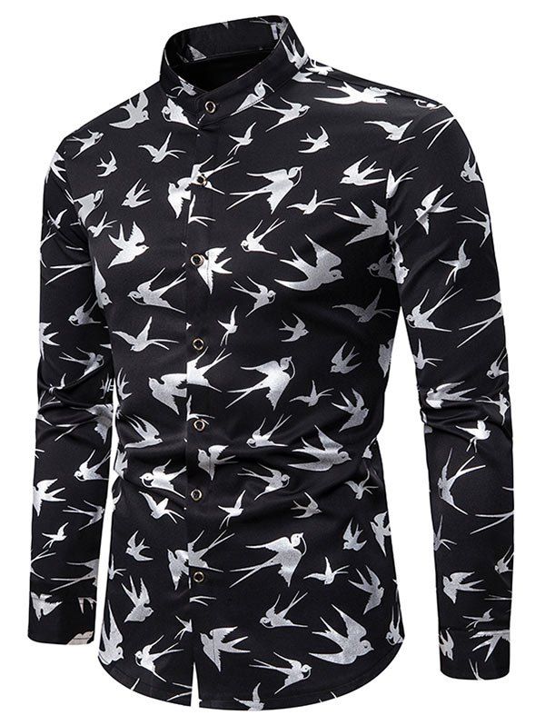 Gilding Swallow Pattern Stand Collar Long Sleeve Shirt [46% OFF] | Rosegal