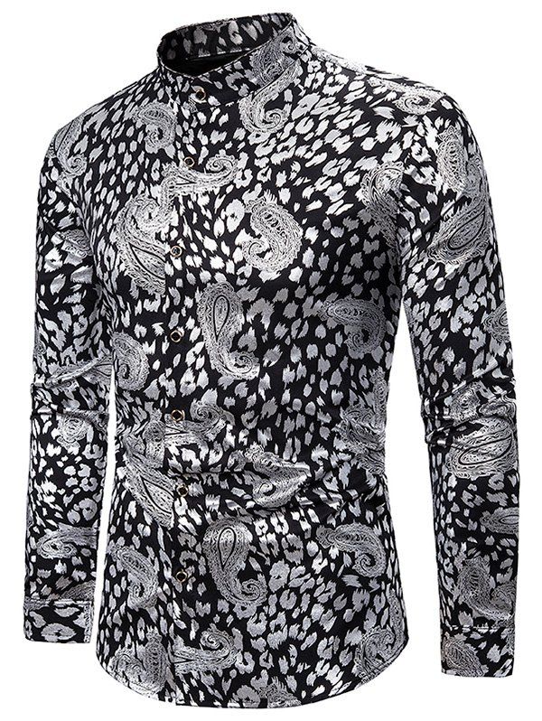

Gilding Paisley Print Long Sleeve Stand Collar Shirt, Silver