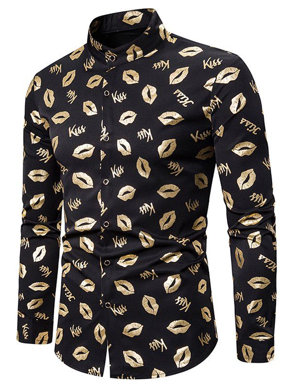

Gilding Lip Pattern Stand Collar Button Up Shirt, Gold
