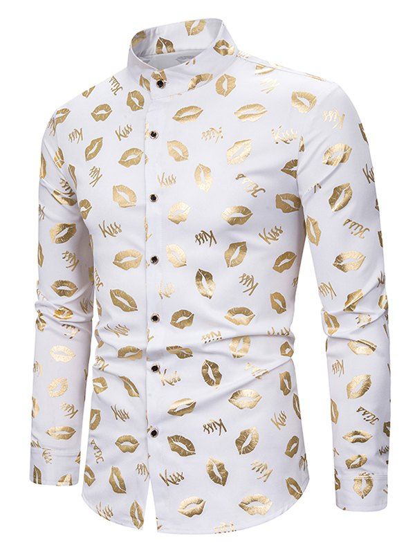 

Gilding Lip Pattern Stand Collar Button Up Shirt, White