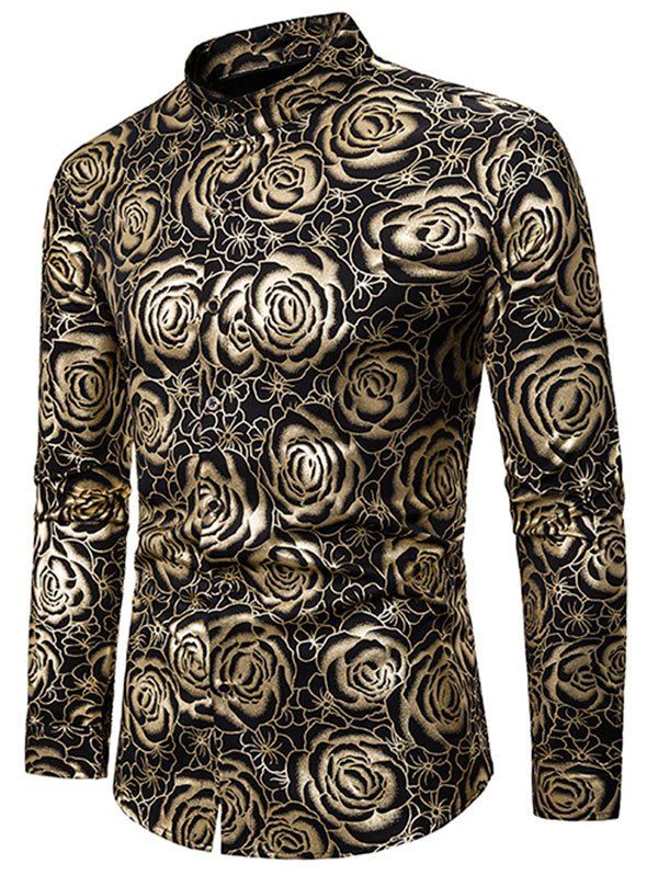 

Gilding Rose Pattern Button Up Stand Collar Shirt, Gold