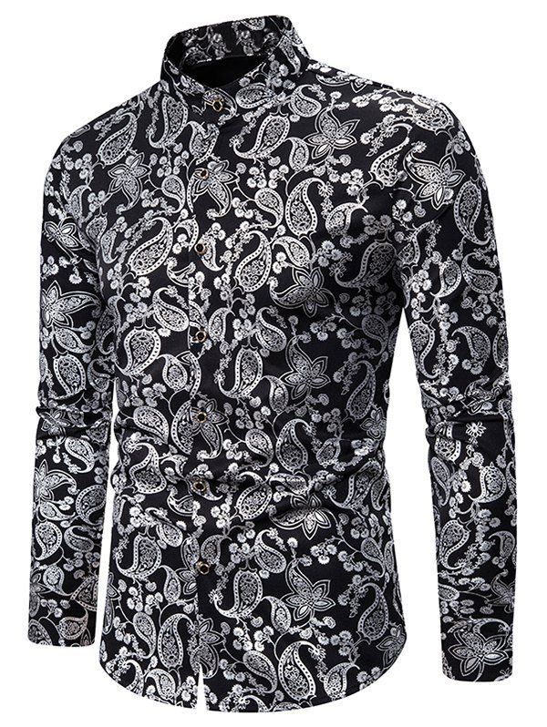

Gilding Paisley Pattern Stand Collar Button Up Shirt, Silver