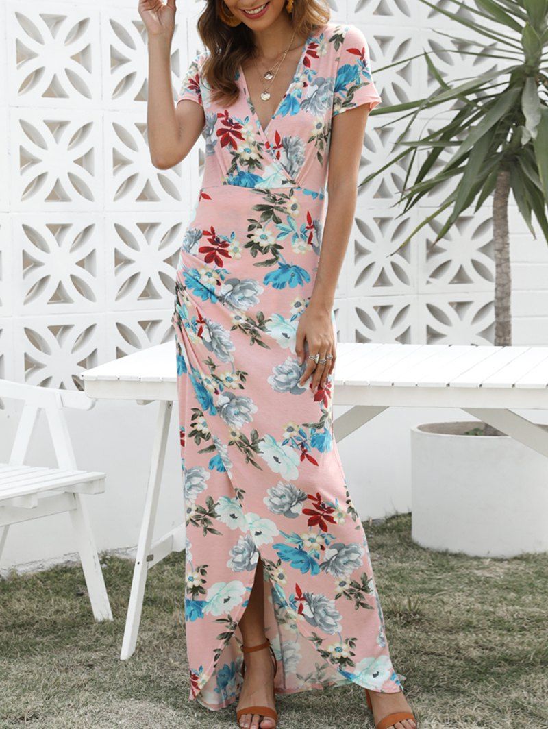 

Floral Print Plunge Neck Slit Maxi Dress, Pink