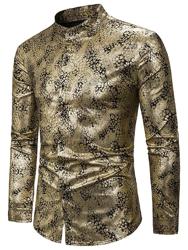 

Gilding Tiny Paisley Stand Collar Button Up Shirt, Gold