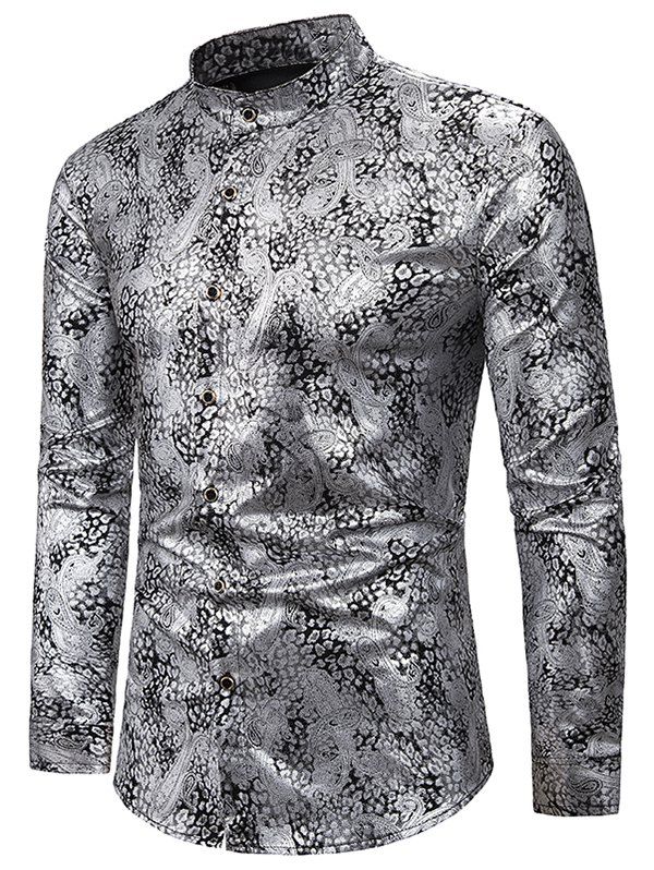 

Gilding Tiny Paisley Stand Collar Button Up Shirt, Silver