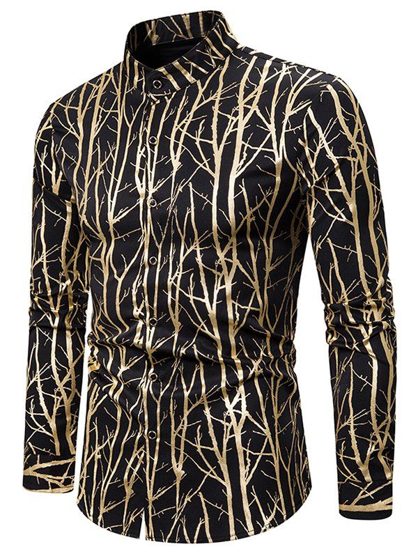 

Gilding Tree Pattern Stand Collar Button Down Shirt, Gold