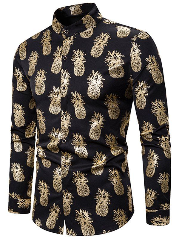 

Gilding Pineapple Pattern Stand Collar Button Up Shirt, Gold