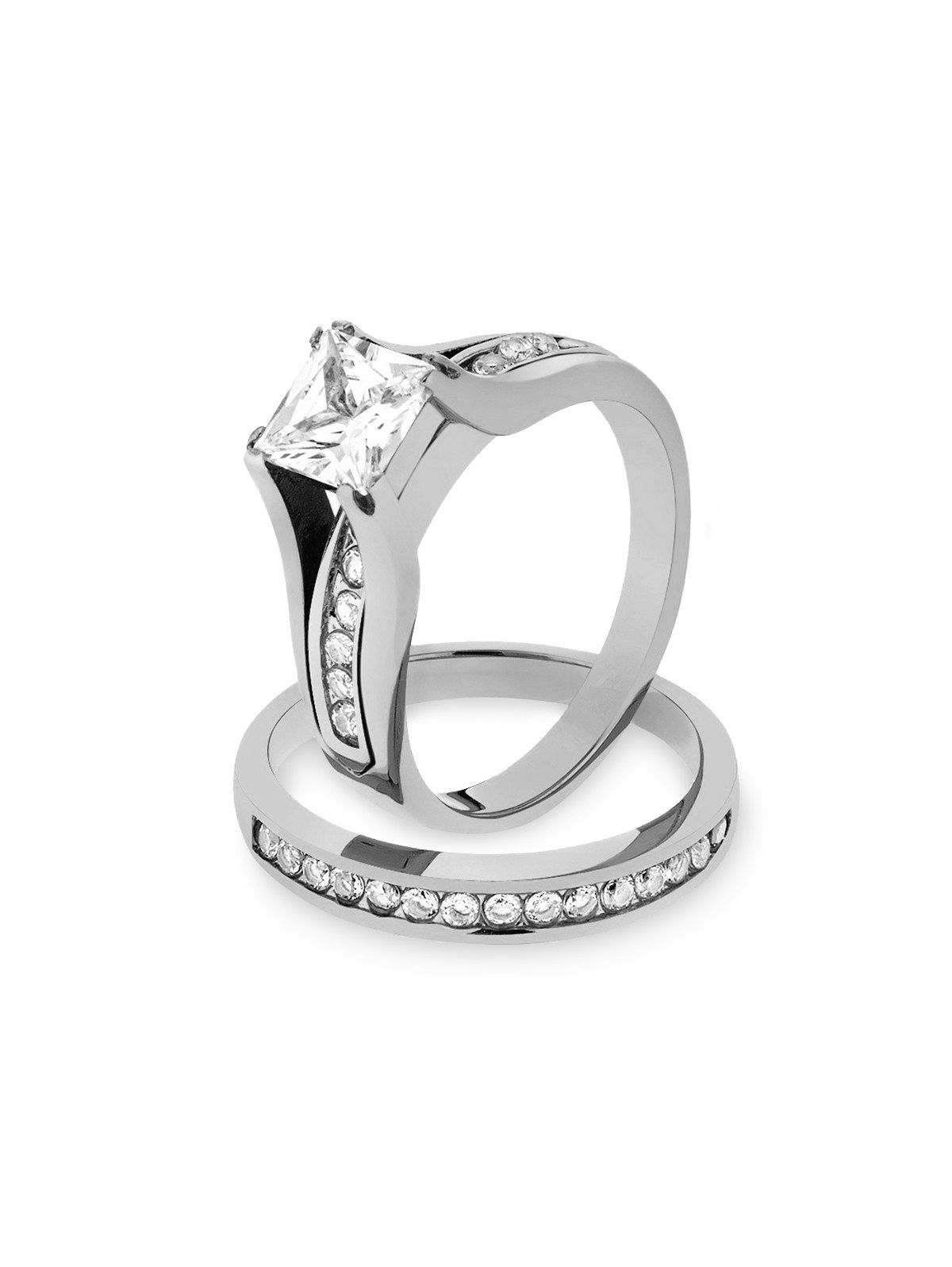 

2Pcs Zircon Inlaid Couple Rings Set, Silver