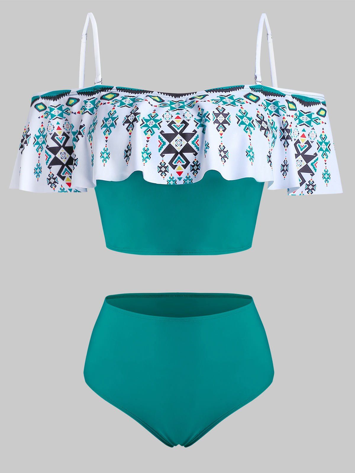 

Tribal Print Open Shoulder Padded Bikini Set, Dark turquoise