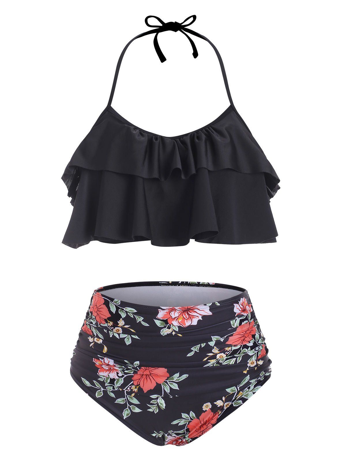 

Flower Layered Flounce Halter Bikini Swimwear, Black