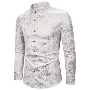 

Gilding Spider Web Pattern Stand Collar Button Up Shirt, White